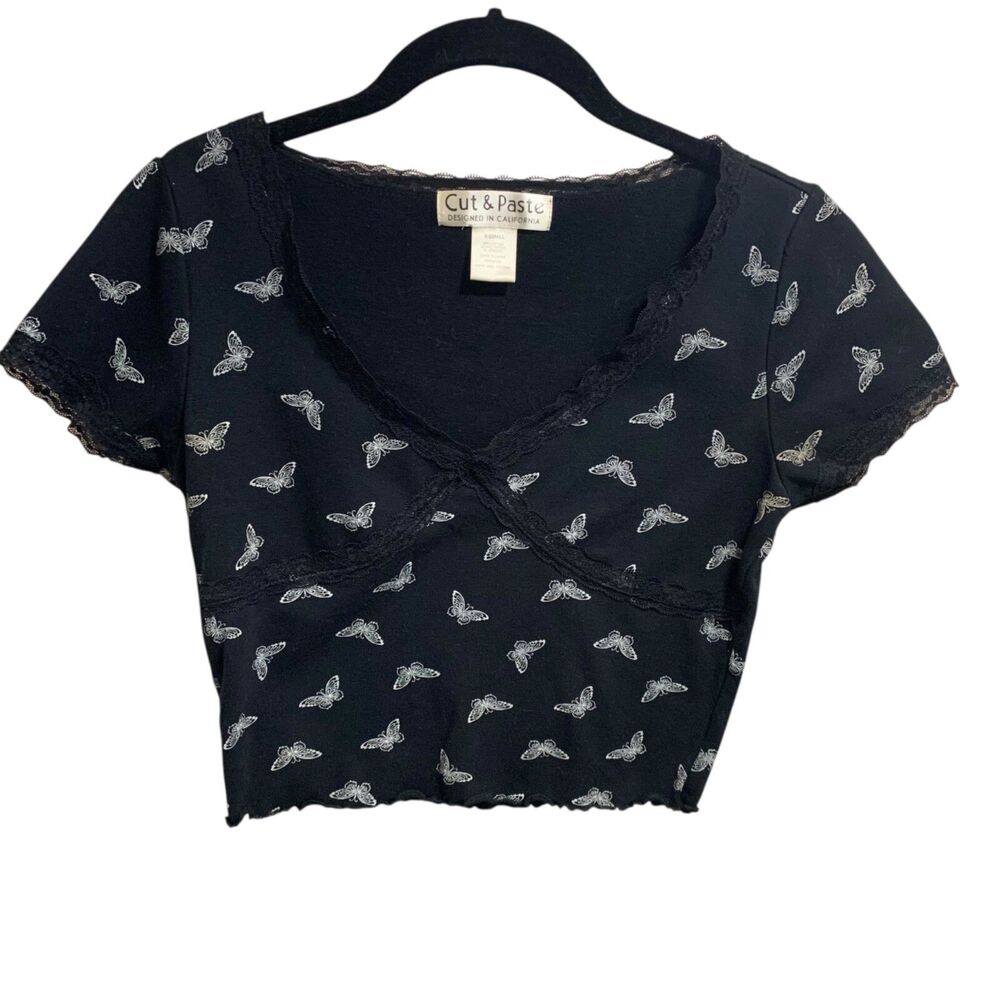 Cut and Pasted Womens Y2K Black Cropped Butterfly Baby Tee XS 90s Festival Boho
